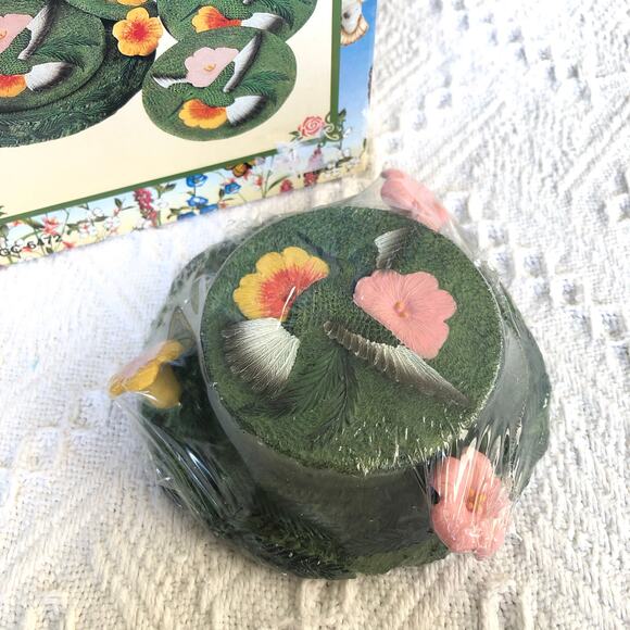 Vintage NOS Hummingbird Resin Coaster Set w/ Holder 3.5″ Birds & Blooms - Picture 3 of 8
